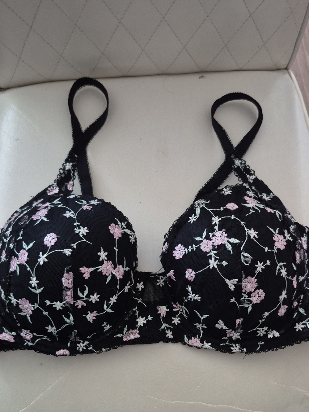 Adore Me Black Lace Underwire Bra with Pink Floral Embroidery 38D